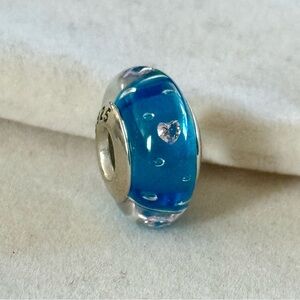 Aqua Blue Murano charm with crystals accents fit Pandora bracelets